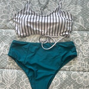 SHEIN Striped Black and White Bikini Top with Teal Bottoms - Sz XL